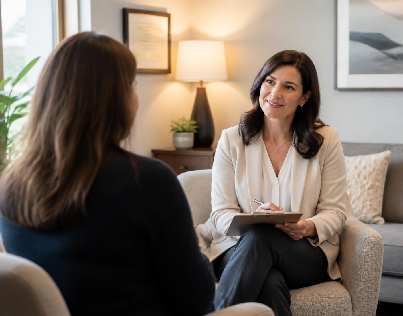 A clinician and an adult patient having a calm conversation in a private office