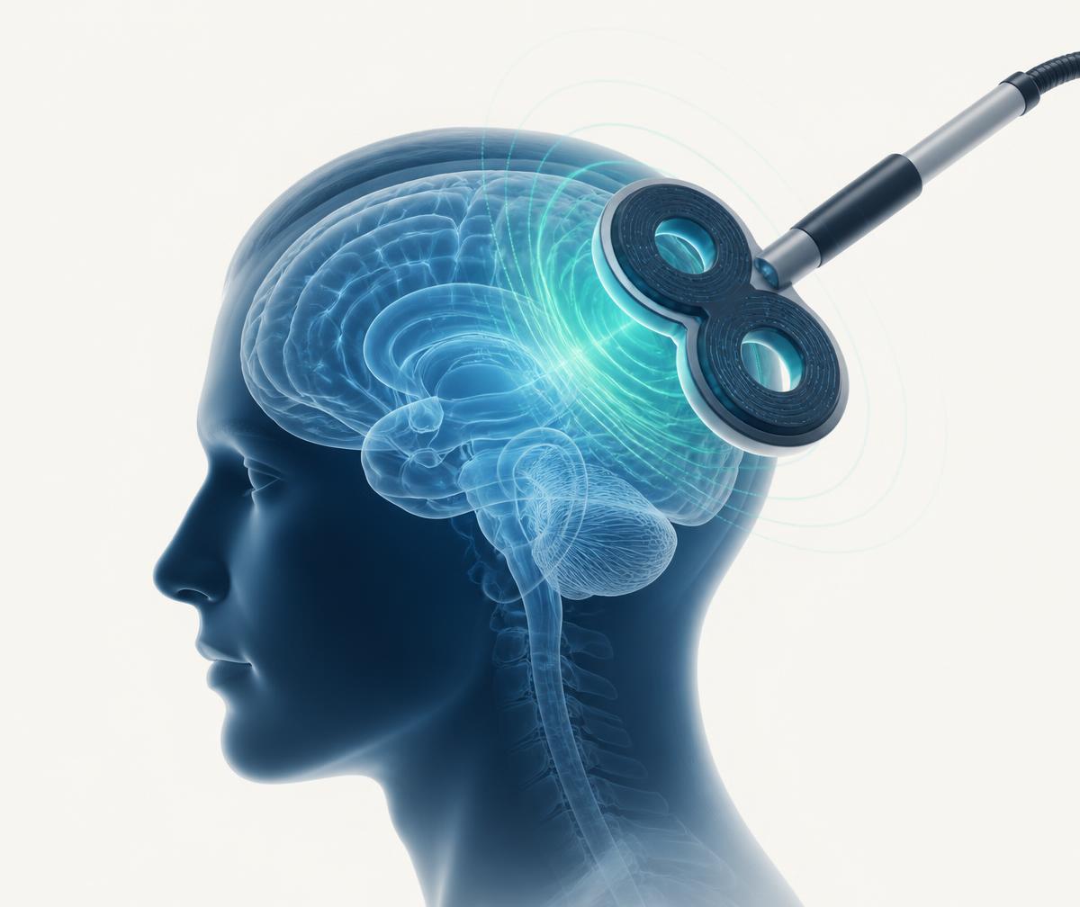 Clinical illustration of a TMS coil delivering targeted magnetic pulses to a region of the brain